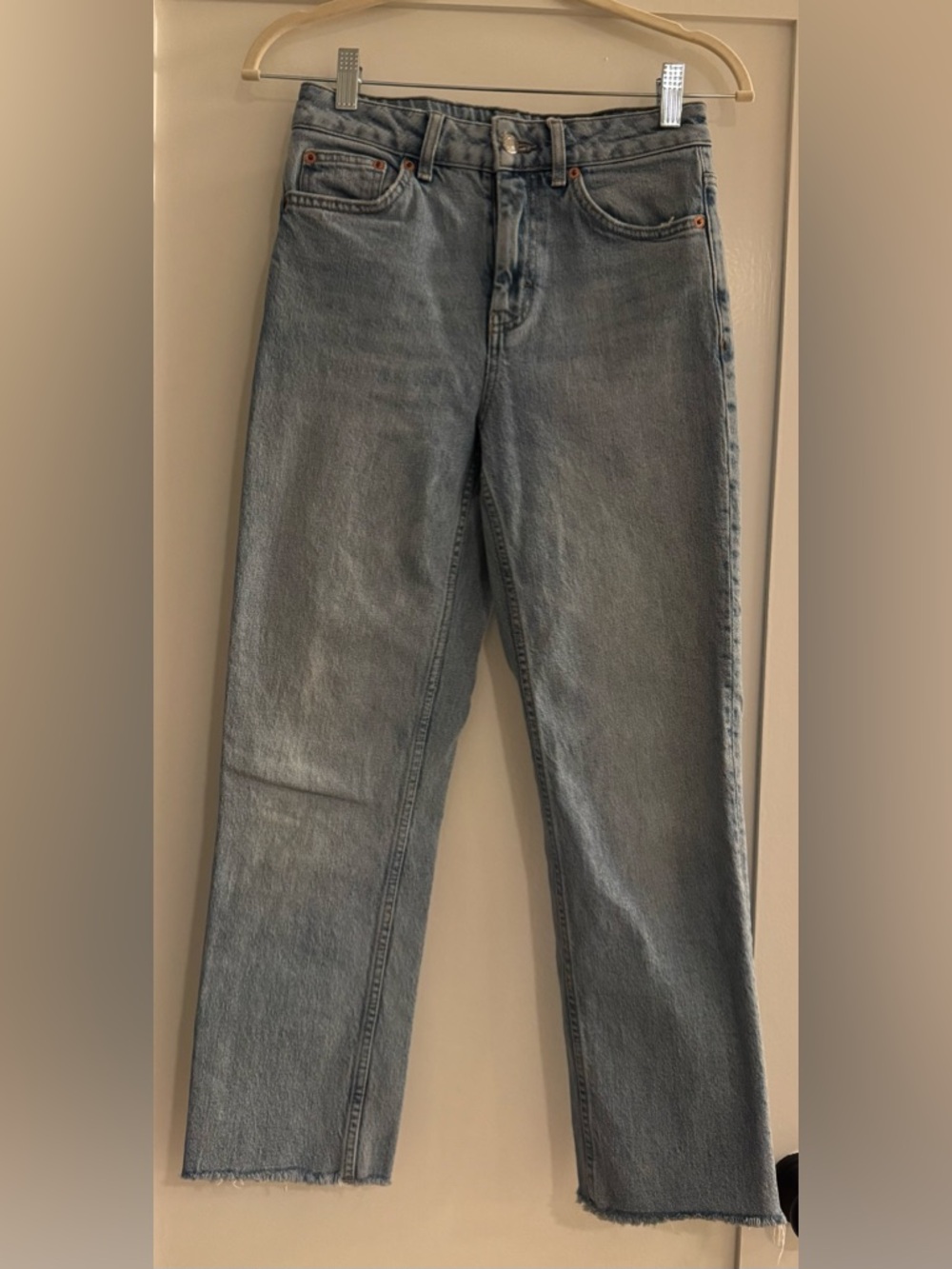 Topshop Light Wash Raw Hem Straight Leg Jeans